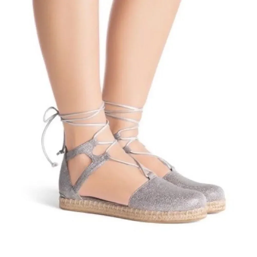 Stuart Weitzman 7 Walkmyway Silver sparkle Espadrille Flats wrap up wedding shoe